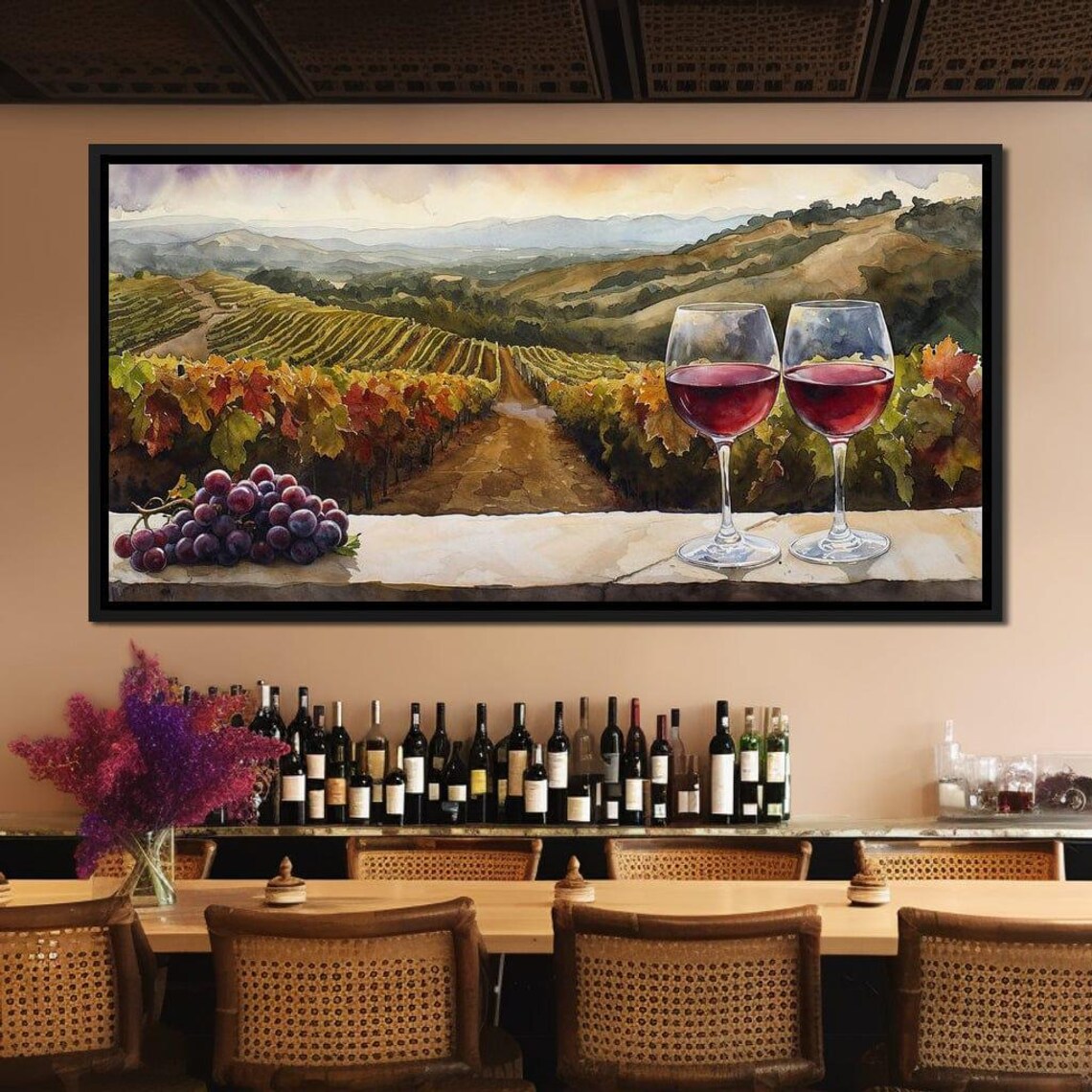 Vineyard Hills Wine Glasses Watercolor Wine Country Landscape Poster