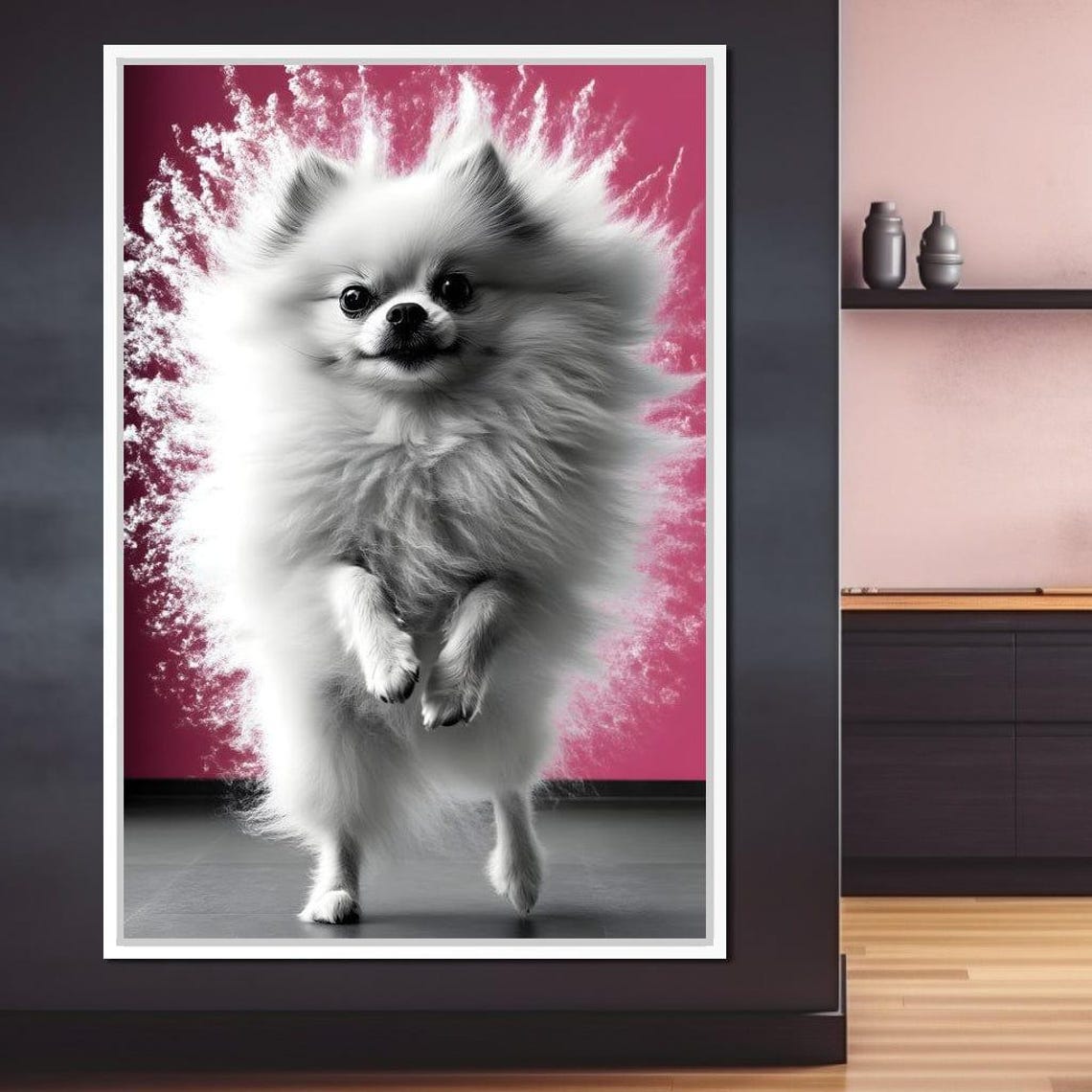 Fluffy White Puppy Shaking Off Sparkling Water Drops Splash Poster