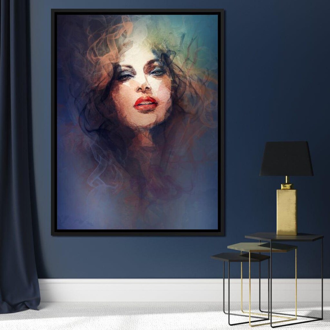 Mystical Smoke Veiled Woman Portrait Red Lips Watercolor Art Poster