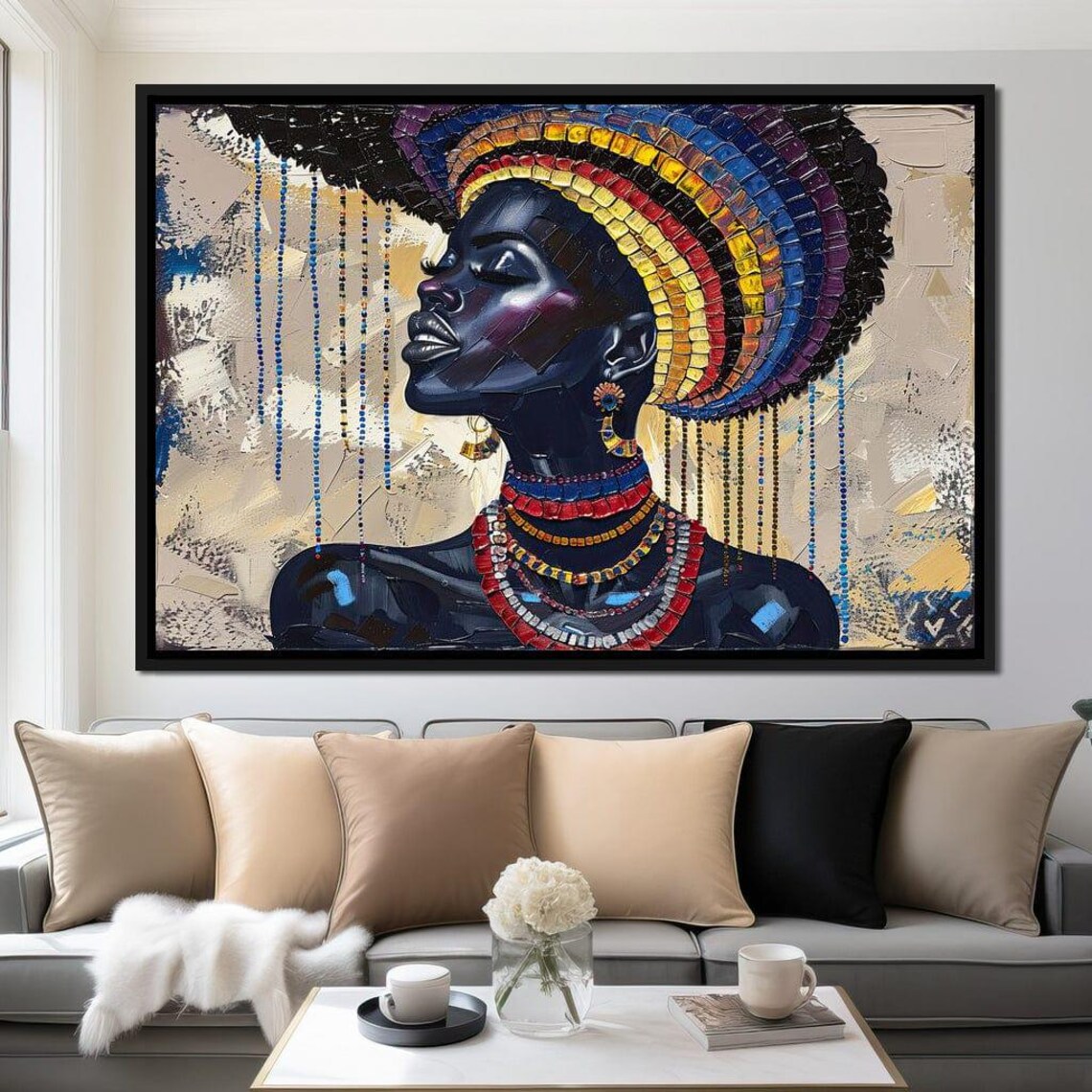 African Beauty Rainbow Beaded Headdress Tribal Portrait Wall Art - Image 4