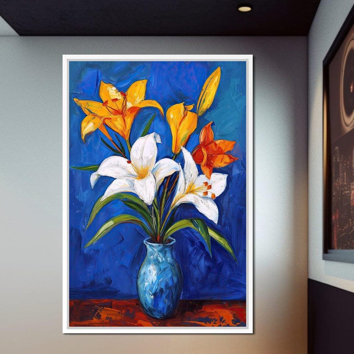 Yellow White Lilies Blue Vase Cobalt Blue Floral Wall Art Poster - Image 2