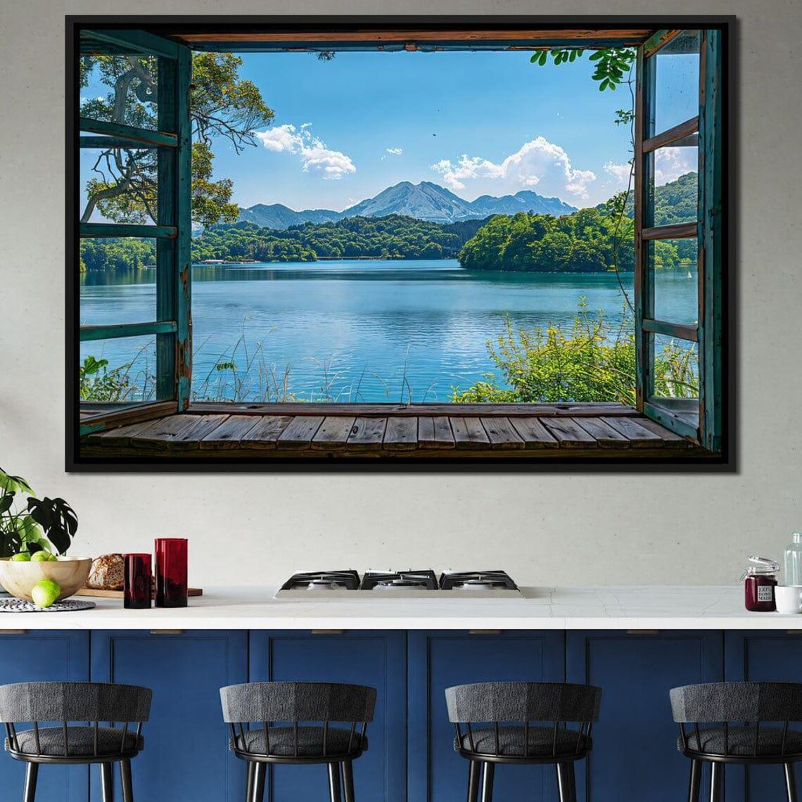 Open Window Mountain Lake View Serene Nature Photography Travel Poster - Image 3