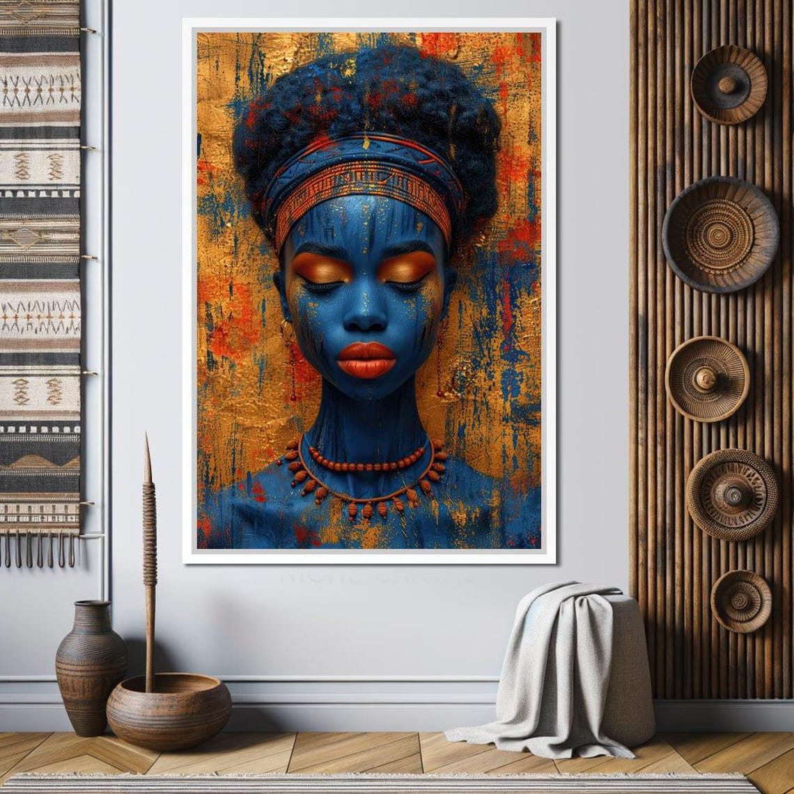 Blue African Beauty Golden Eyes Textured Tribal Portrait Wall Art