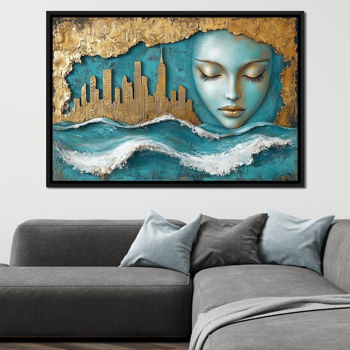 Golden City Skyline Ocean Waves Serene Woman Face Surreal Decor Poster - Image 2