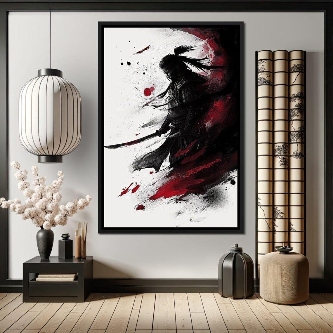 Samurai Warrior Silhouette Katana Black Red Ink Splash Wall Art