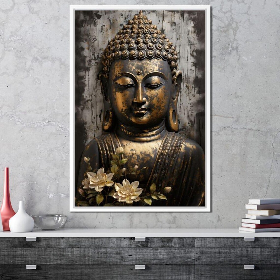 Golden Buddha Head Sculpture Black Gold Zen Meditation Serene Art Poster - Image 2