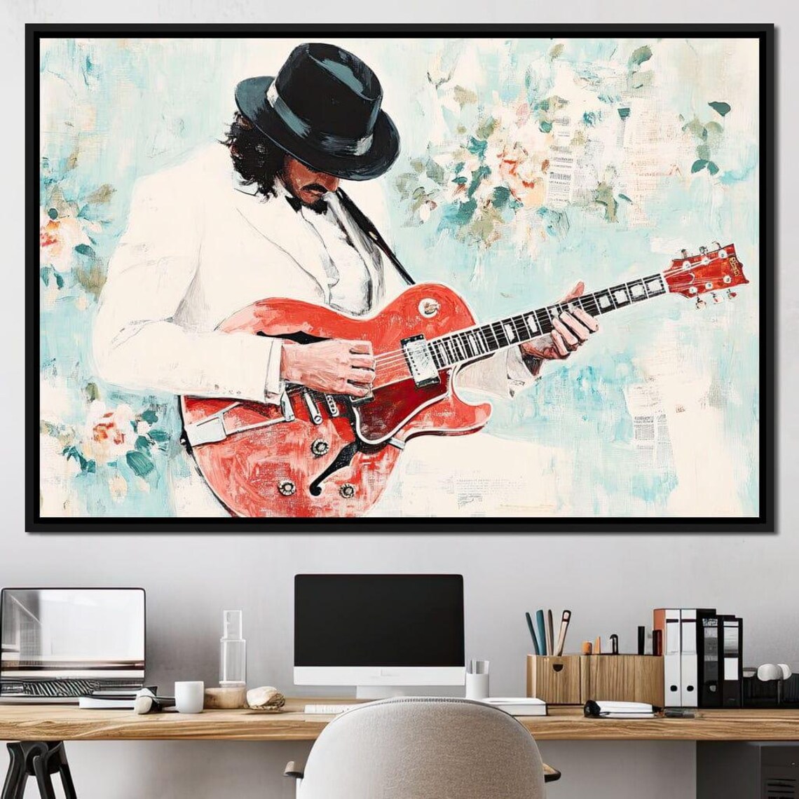 Guitarist In White Suit Playing Red Guitar Floral Art Poster - Image 3