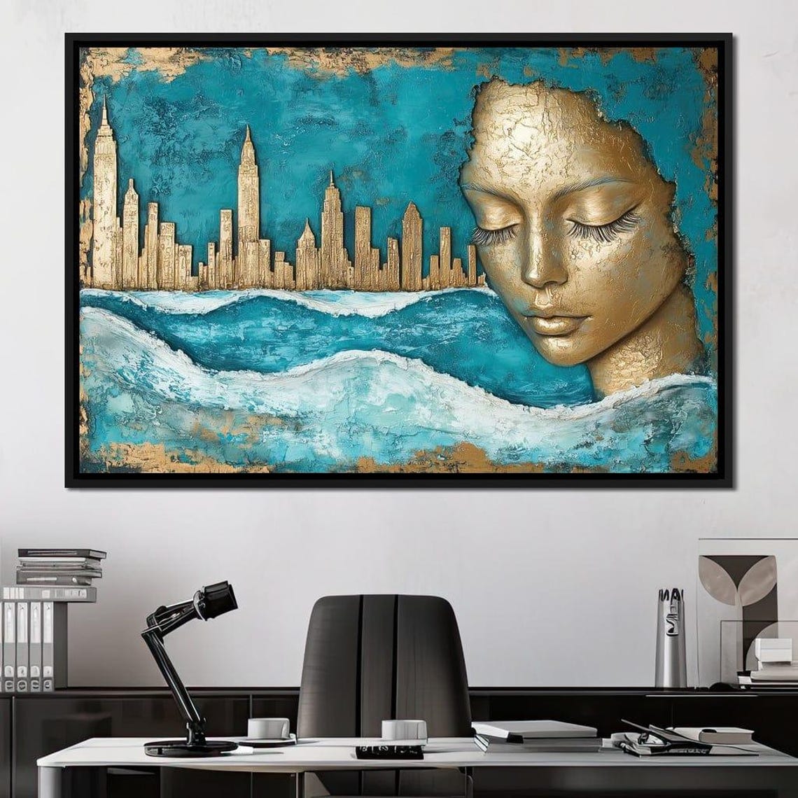 Gold Manhattan Skyline Teal Waves Golden Woman Face Surreal Poster - Image 2