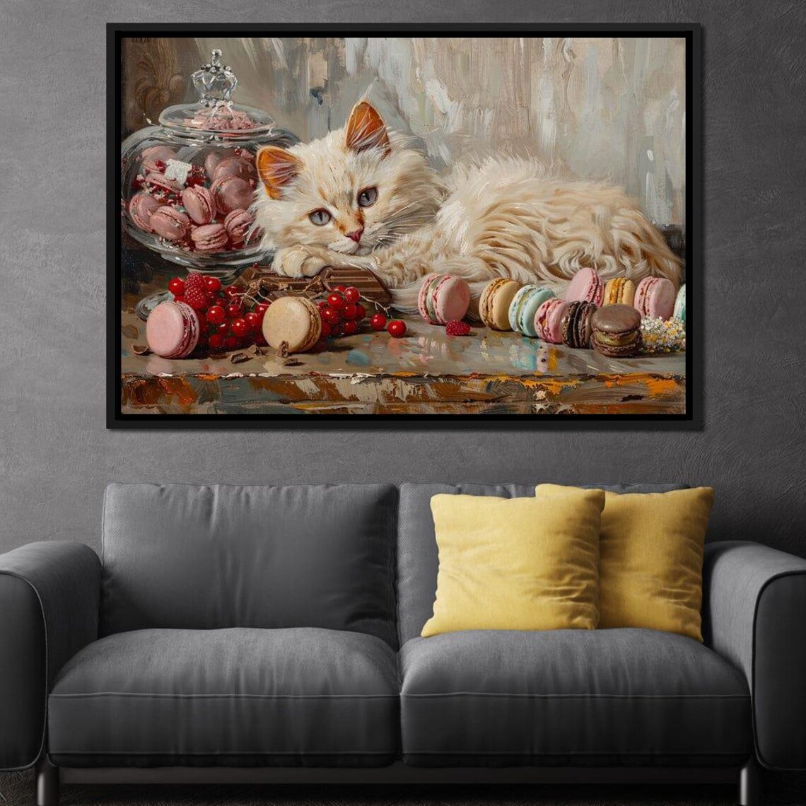 Fluffy White Cat Macaron Dessert Oil Painting Sweet Whimsical Animal Wall Poster - Image 3