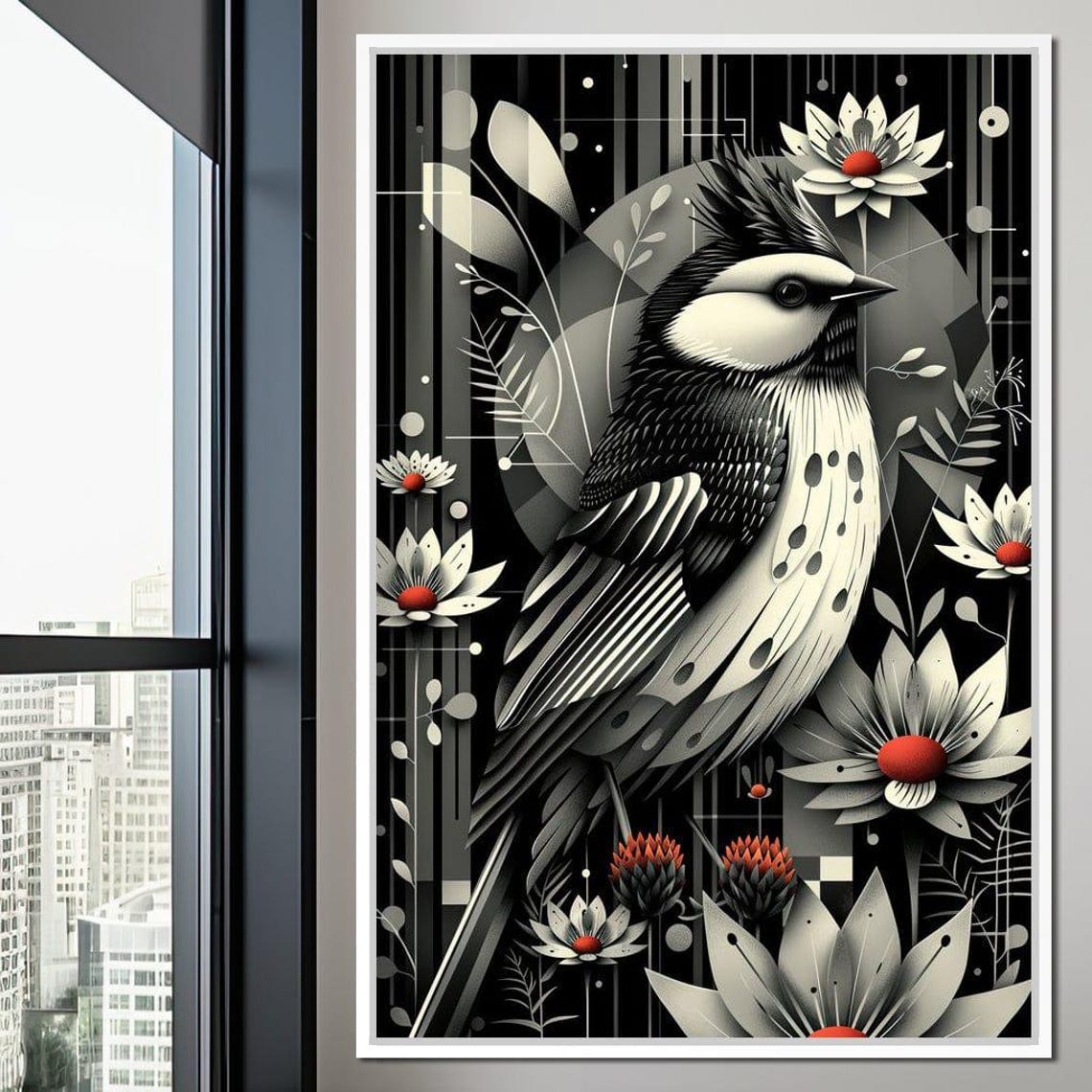 Monochrome Songbird Red Accent Flowers Minimalist Bird Art Wall Poster - Image 2