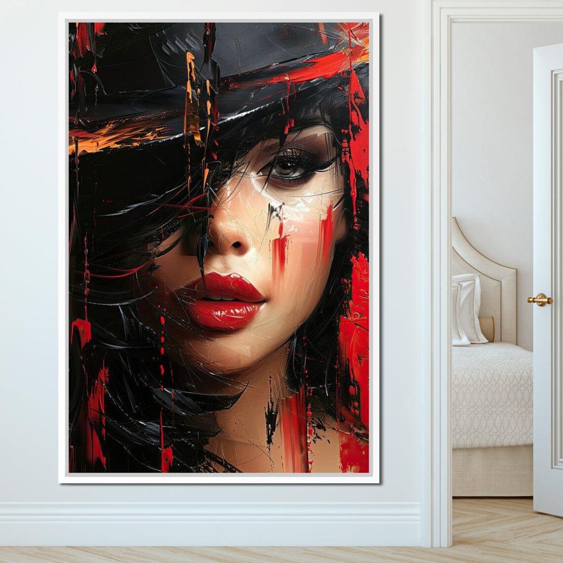 Modern Female Portrait with Big Hat, Red Accents Art Print - Image 2