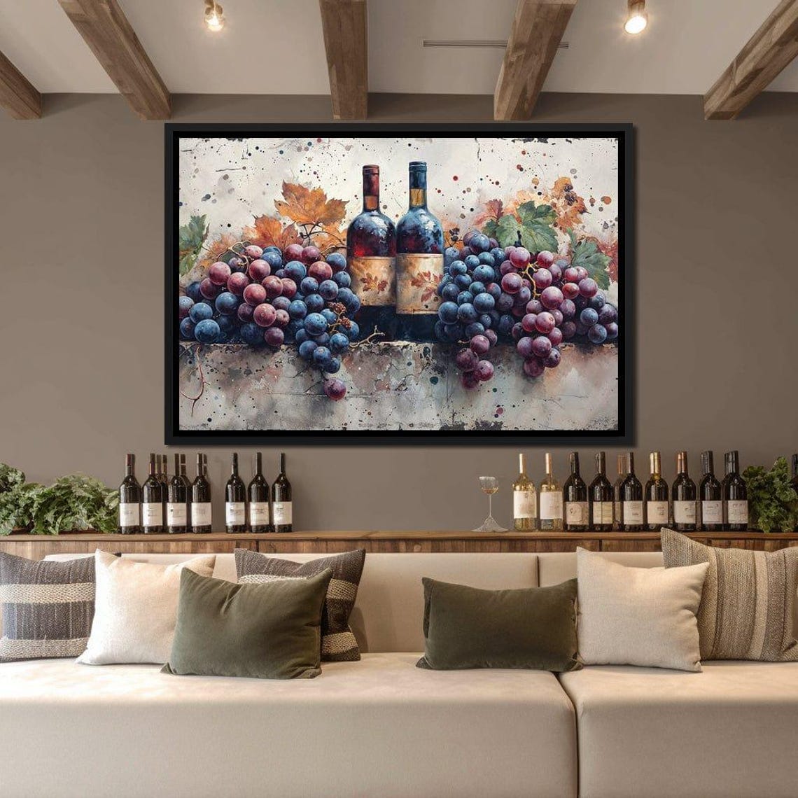 Wine Bottles Grape Clusters Watercolor Rustic Kitchen Wine Art Print - Image 2