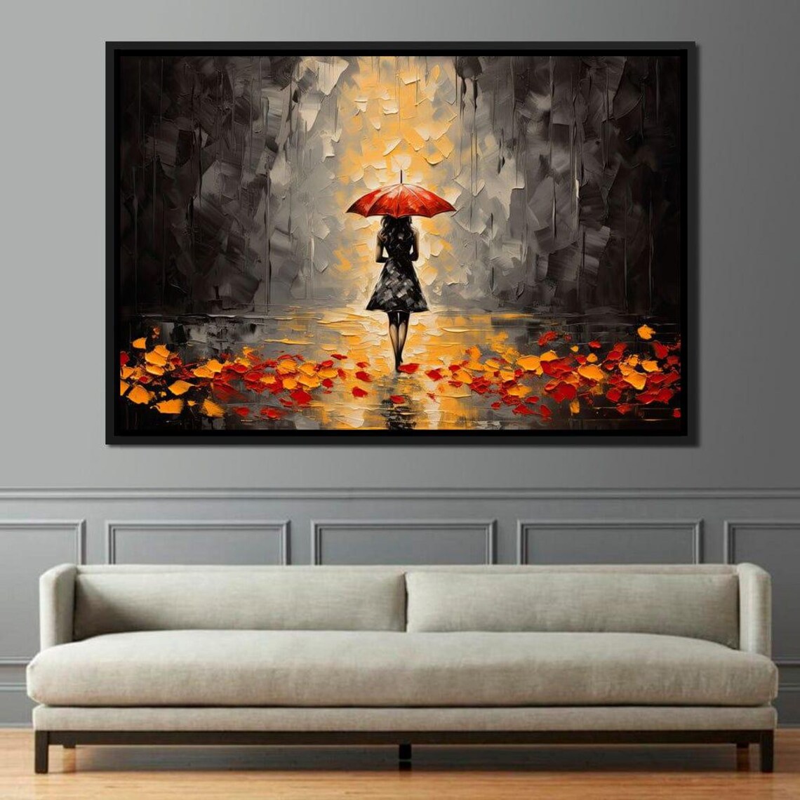Autumn Rain Woman in Rain Art Print, Moody Fall Decor