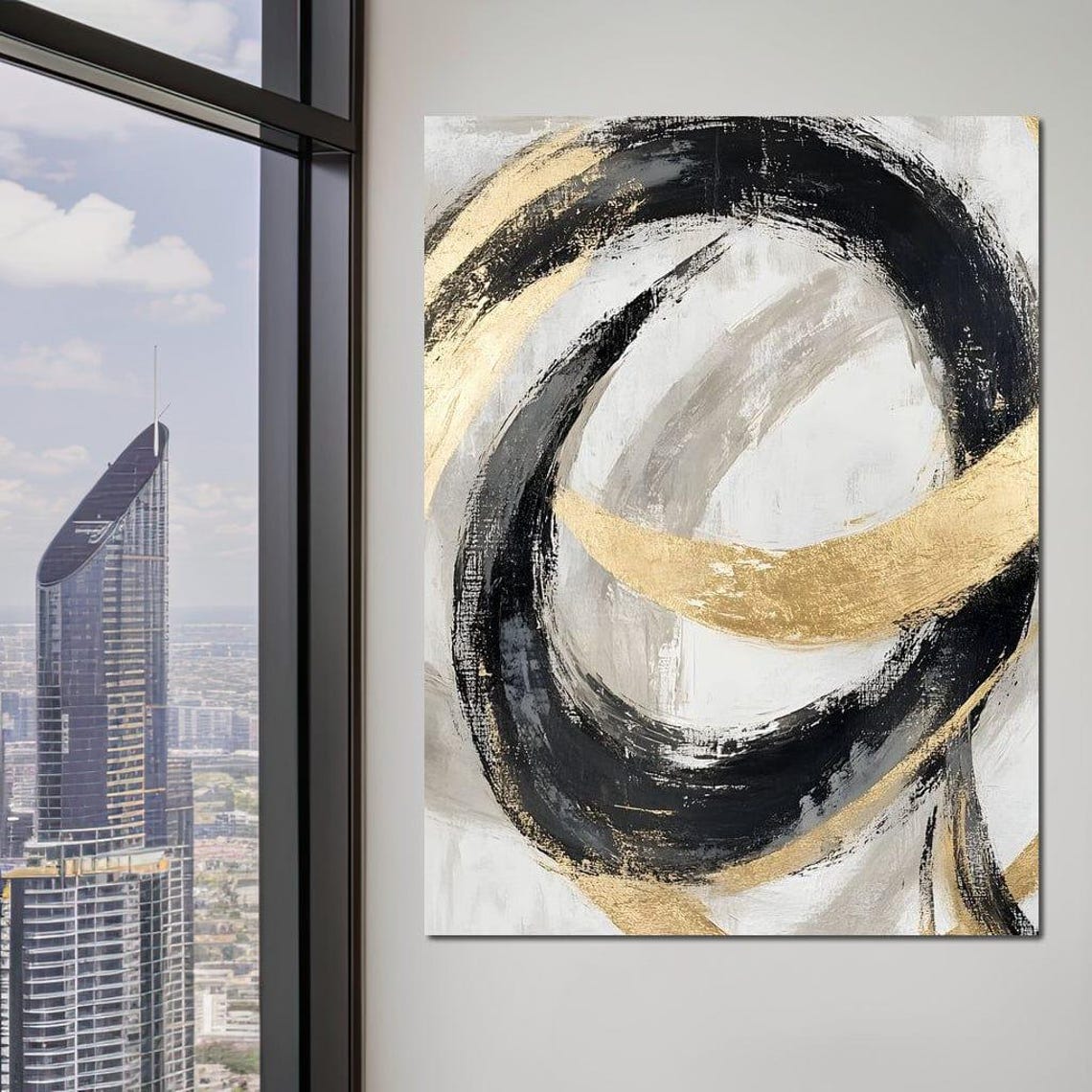 Black and Gold Circular Brushstroke Abstract Modern Wall Poster - Image 2