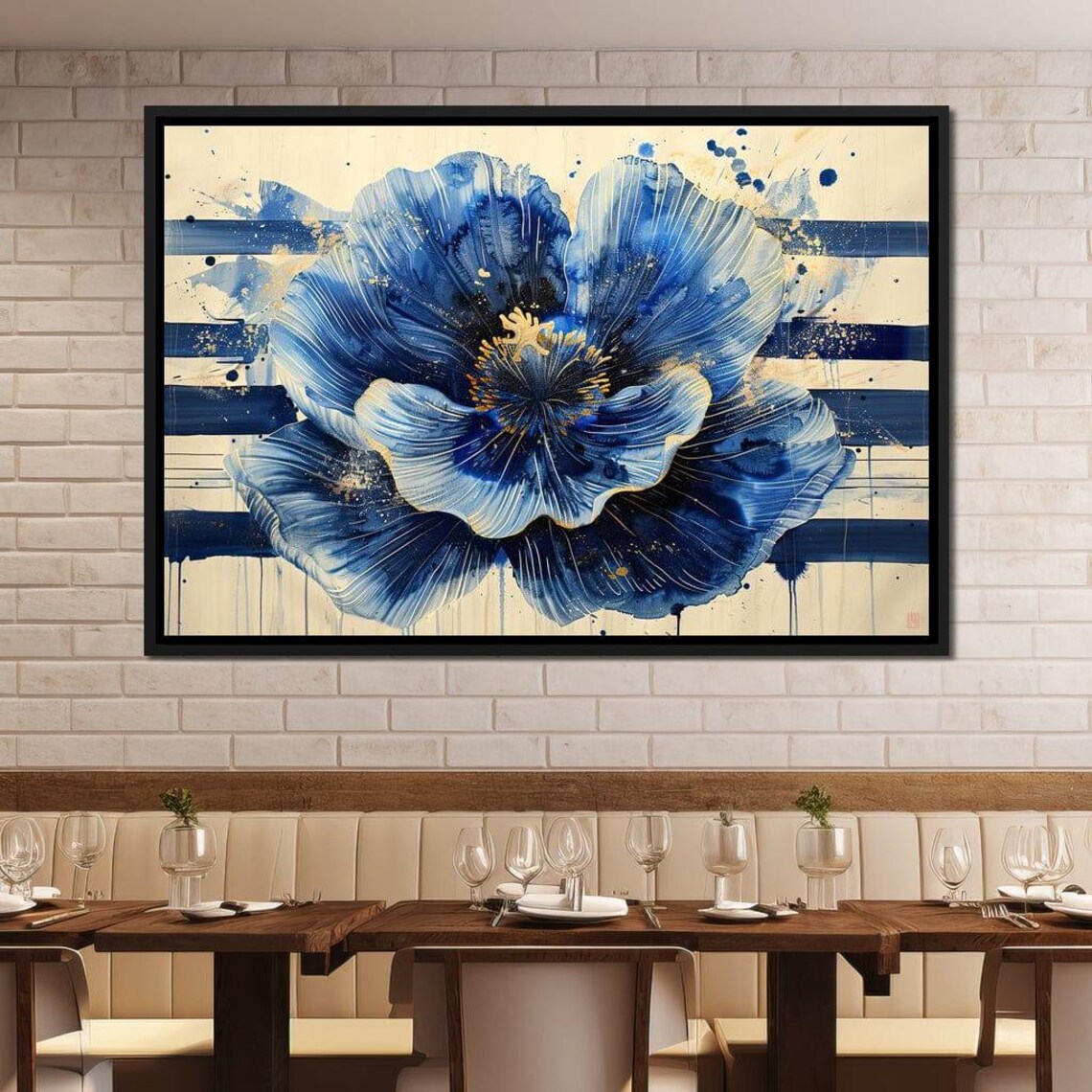 Sapphire Blue Poppy Bloom Gold Accents Modern Floral Wall Art Poster - Image 3