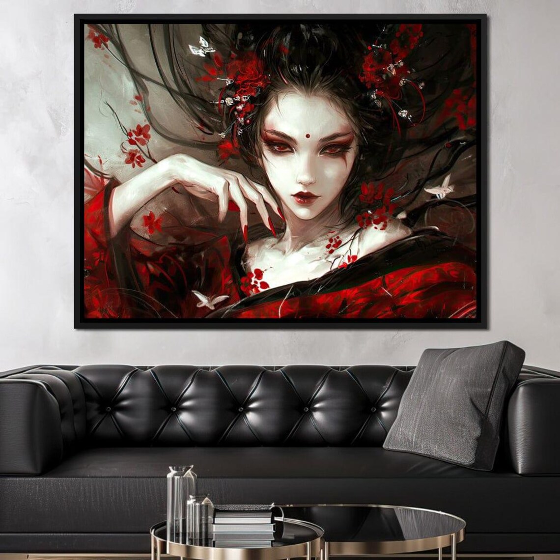 Mystical Geisha Red Kimono Blossom Hair Japanese Elegance Wall Art