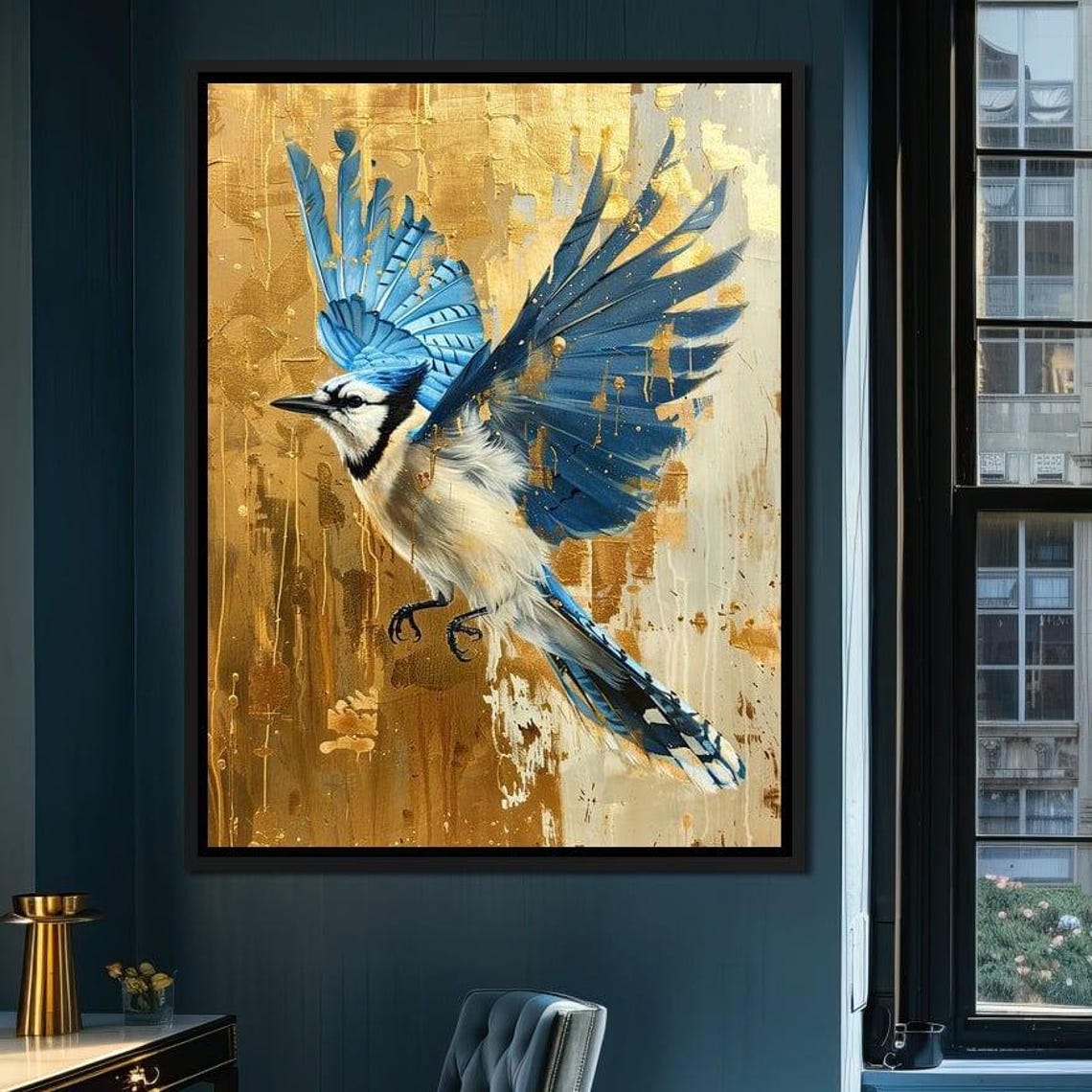 Blue Jay in Flight Golden Background Majestic Bird Wall Art Poster