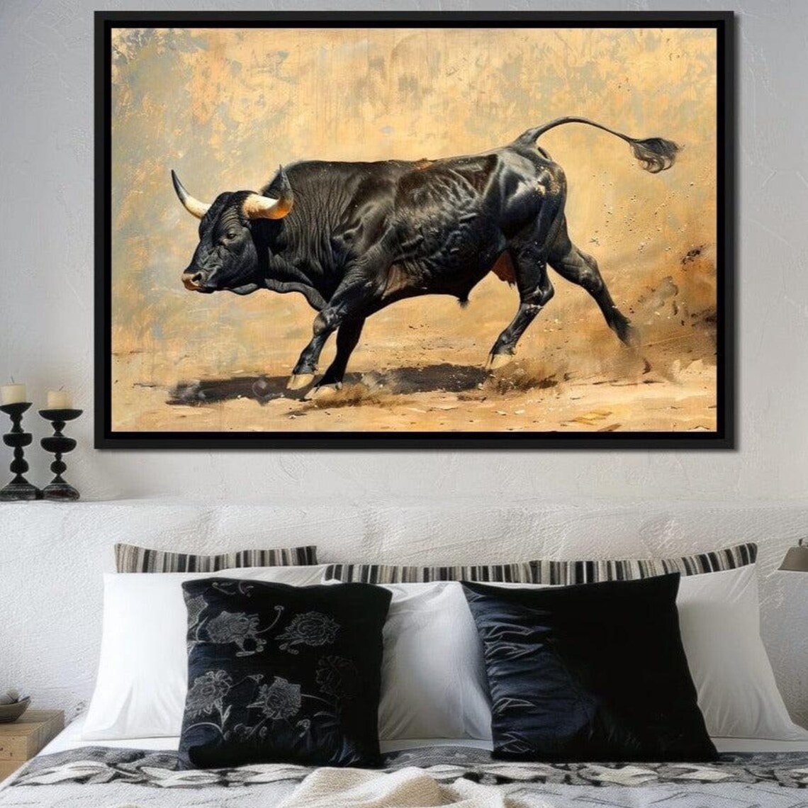 Charging Black Bull Powerful Beast Golden Dust Animal Art Poster