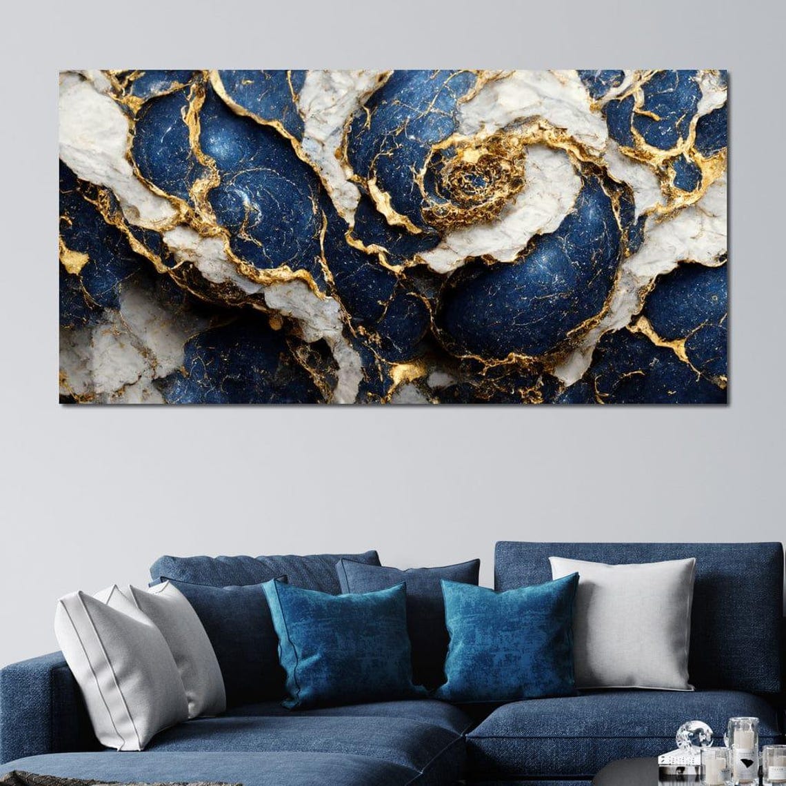 Navy Blue White Gold Marble Five Panel Luxury Abstract Wall Art - Image 3