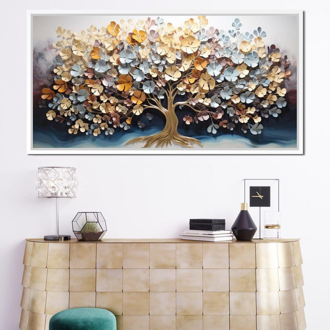 Golden Tree Of Life Pastel Blossom Leaves Panoramic Nature Wall Art - Image 3