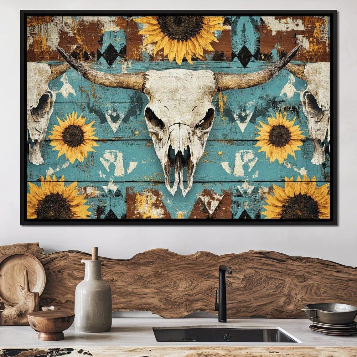 Longhorn Skull Sunflower Turquoise Western Rustic Wall Art Print - Image 4