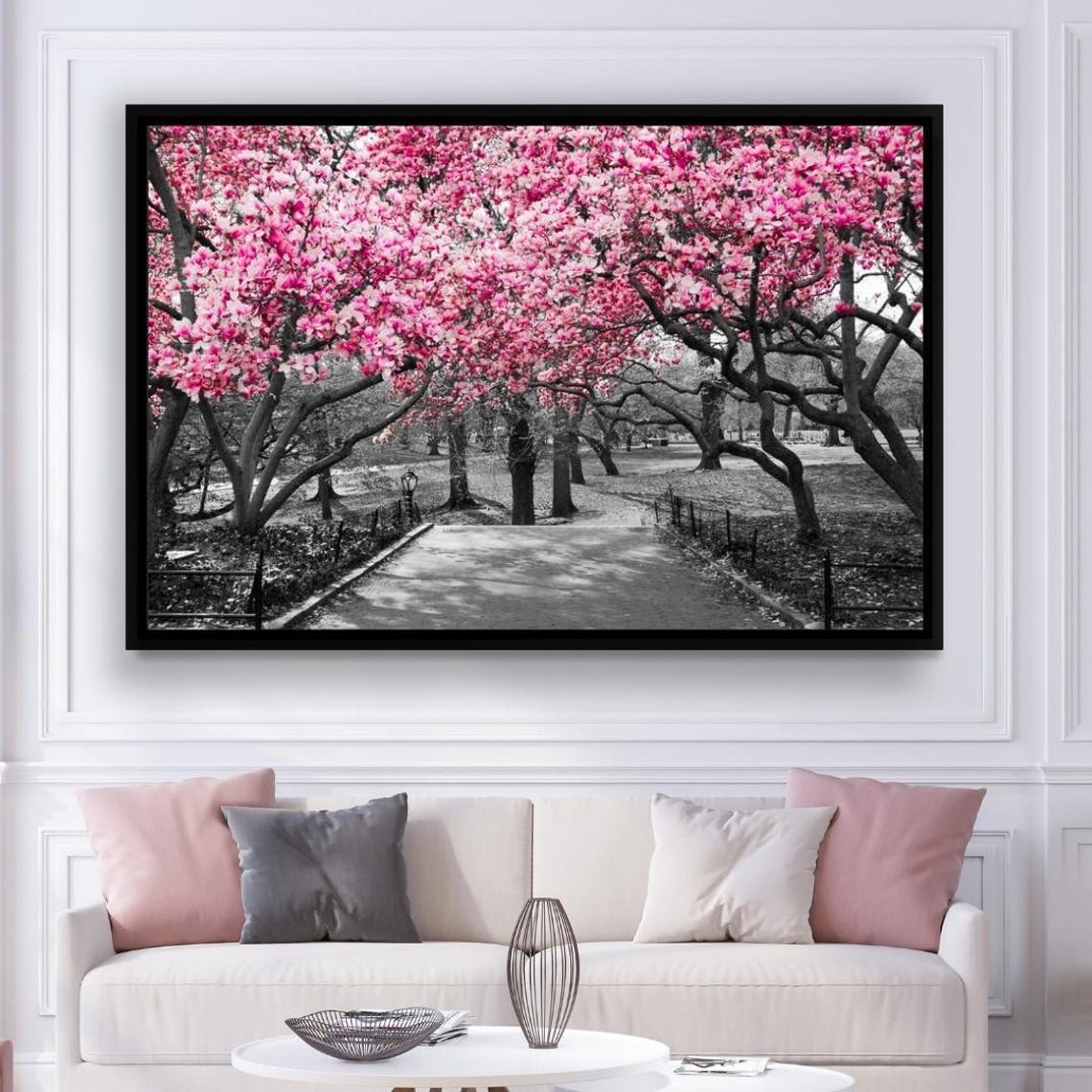 Pink Blossoms On Park Path Selective Color Spring Floral Art Print