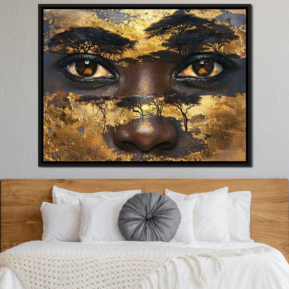Golden Savanna Eyes Mystical Acacia Tree Double Exposure Wall Art - Image 4