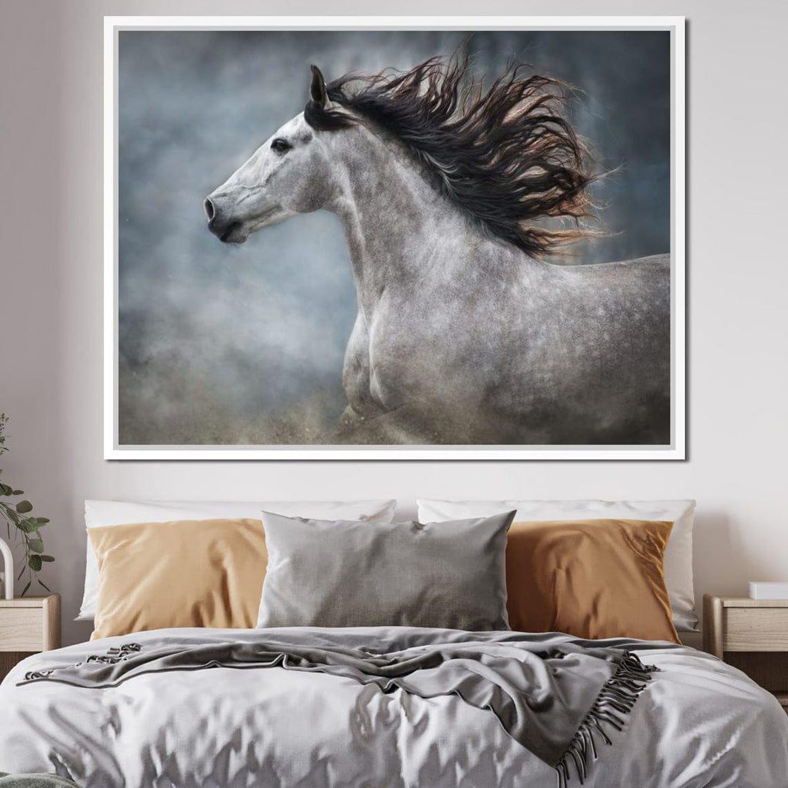 Gray Andalusian Horse Flowing Mane Dramatic Equine Portrait Art Print