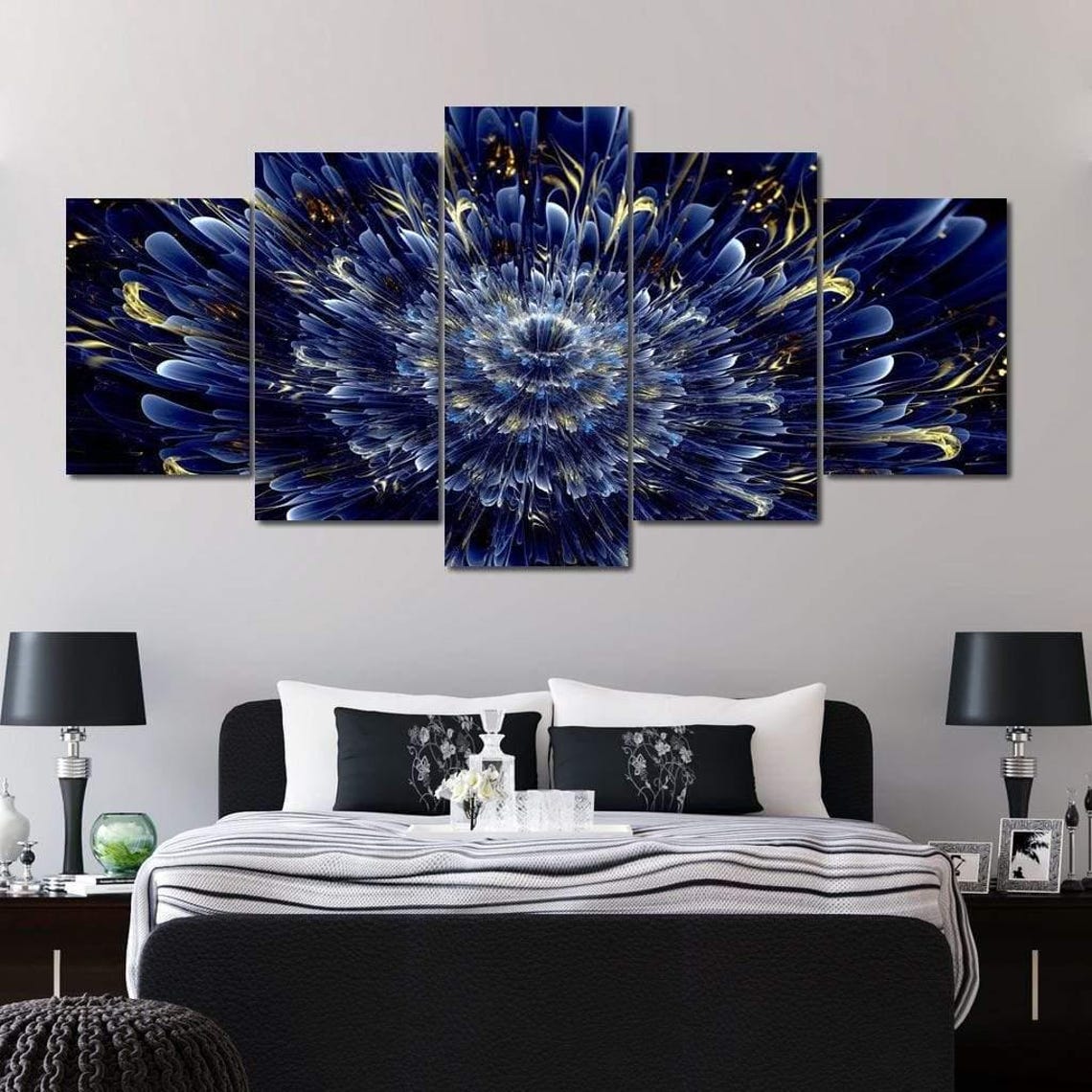 Deep Blue Fractal Dahlia Bloom Gold Accents Modern Abstract Poster - Image 4