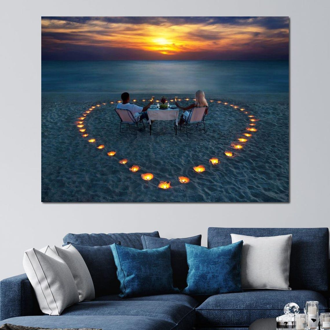 Romantic Beach Dinner At Sunset Couple In Heart Of Candles Art Poster - Image 4