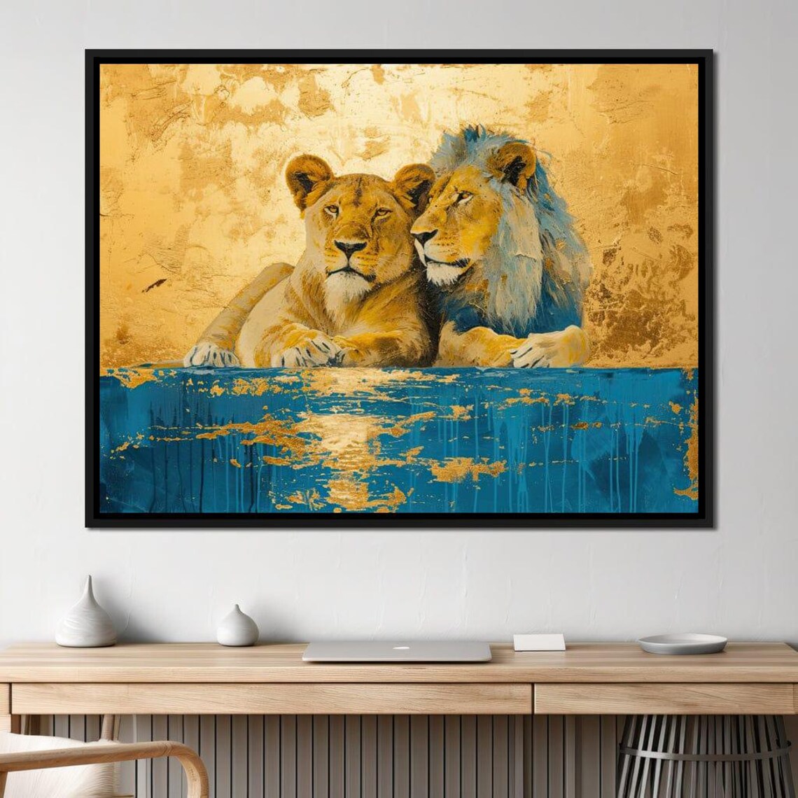 Golden Lion Lioness Pair Teal Blue Modern Wildlife Wall Art Poster