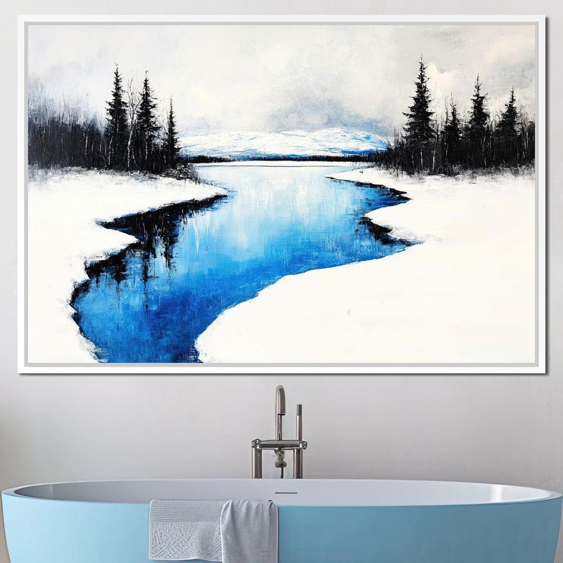 Winter Lake Blue Water Snowy Banks Pine Trees Mountain View Art Poster