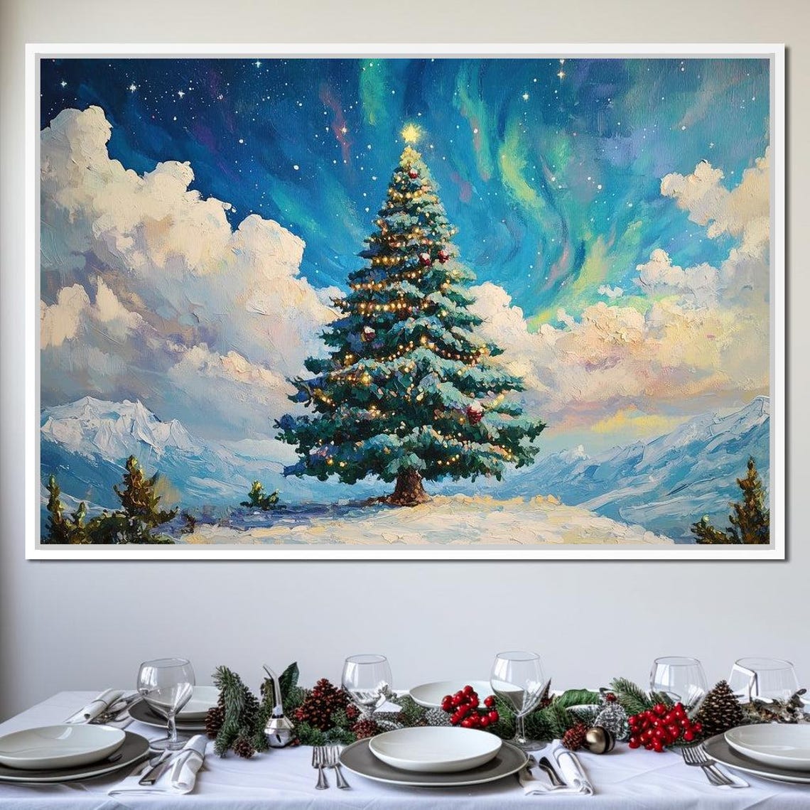Aurora Borealis Over Snowy Christmas Tree Winter Night Lights Poster - Image 4