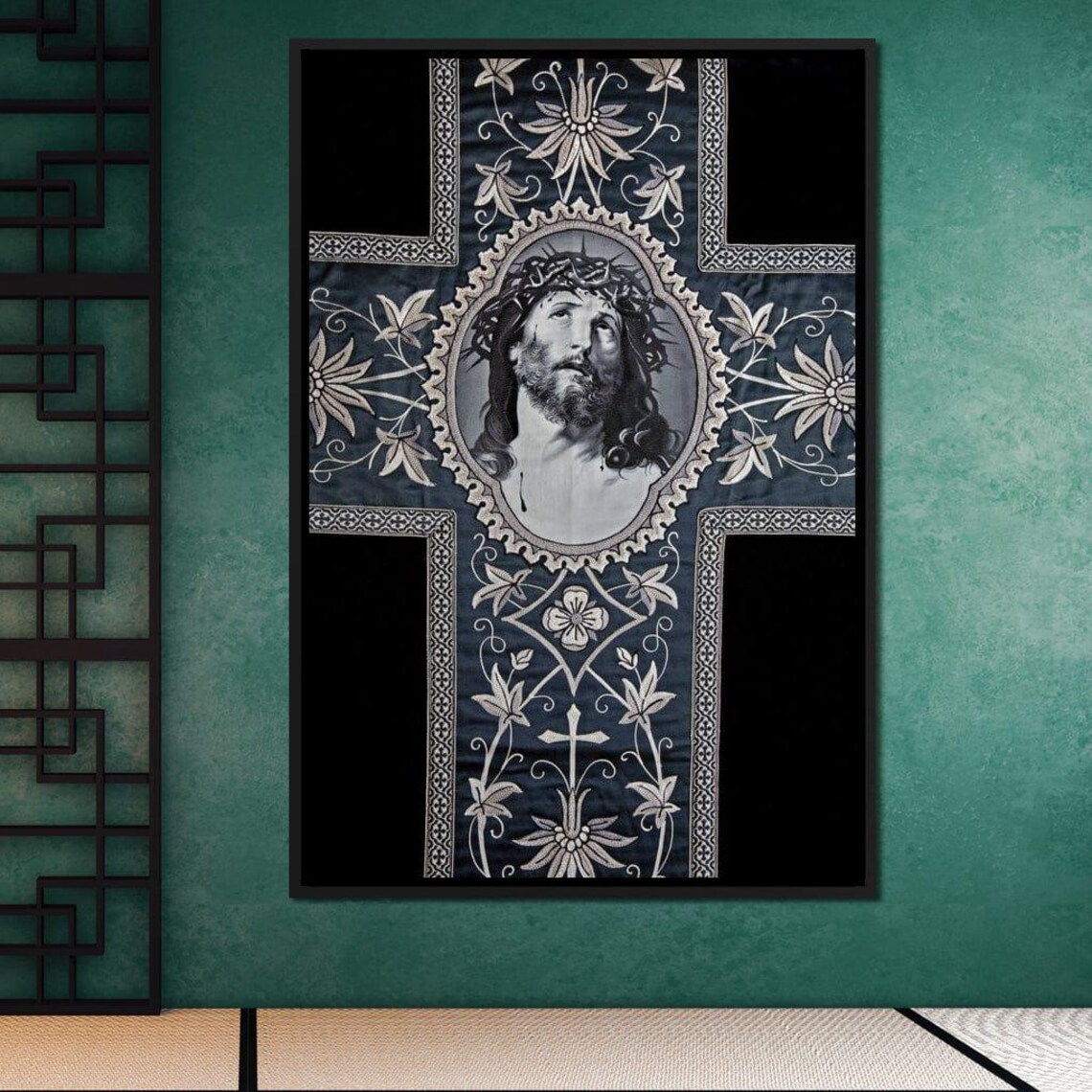 Jesus Christ Crown Thorns Ornate Embroidered Cross Sacred Heart Wall Art