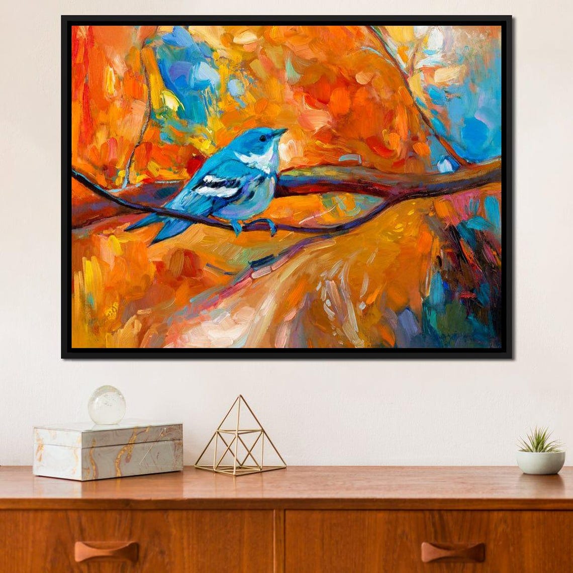 Blue Songbird Branch Fiery Orange Abstract Colorful Bird Painting Art