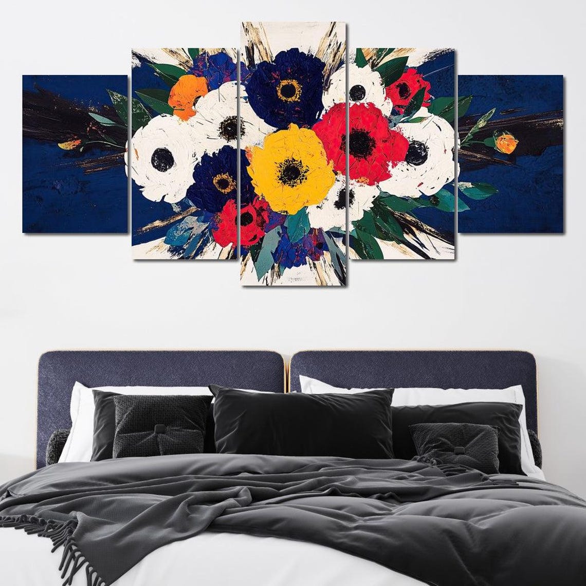 Vibrant Poppies Bouquet Bold Red Blue Yellow Floral Impasto Wall Art - Image 3