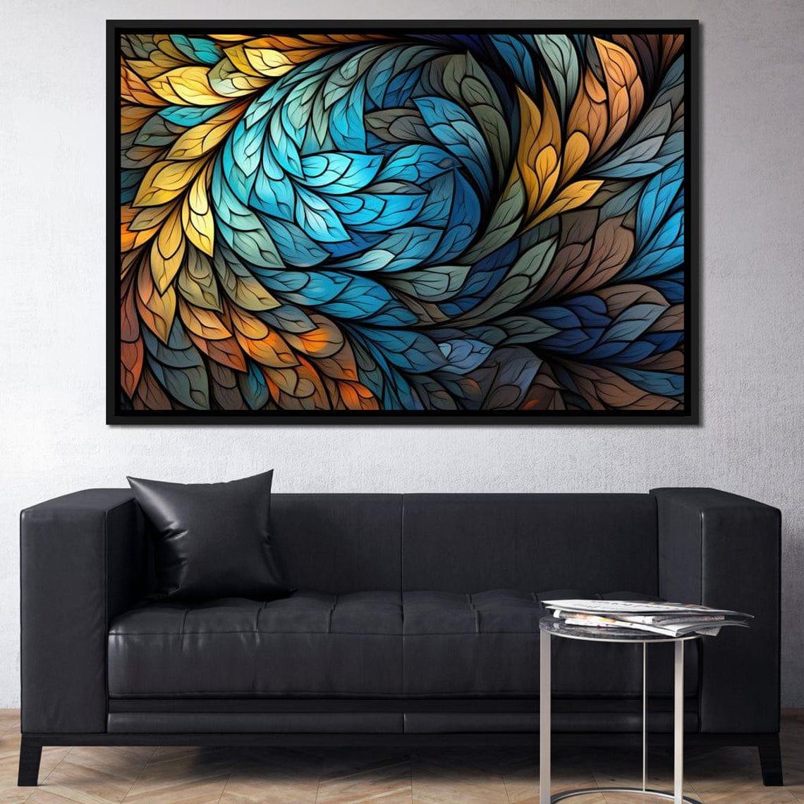 Stained Glass Leafy Swirl Blue Yellow Five Panel Wall Art Poster - Image 2
