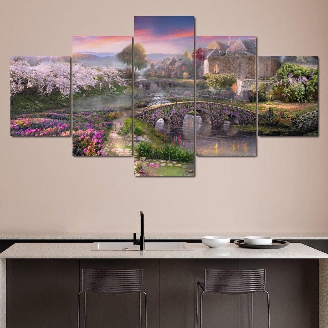 Spring Village Stone Bridge River Blossom Sunset Village Art Poster - Image 4