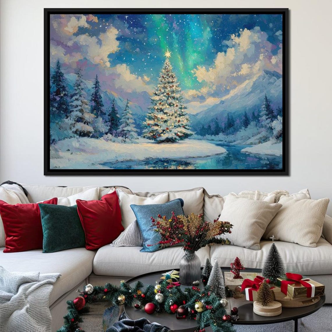 Aurora Over Snowy Christmas Tree Winter River Night Scene Poster - Image 3