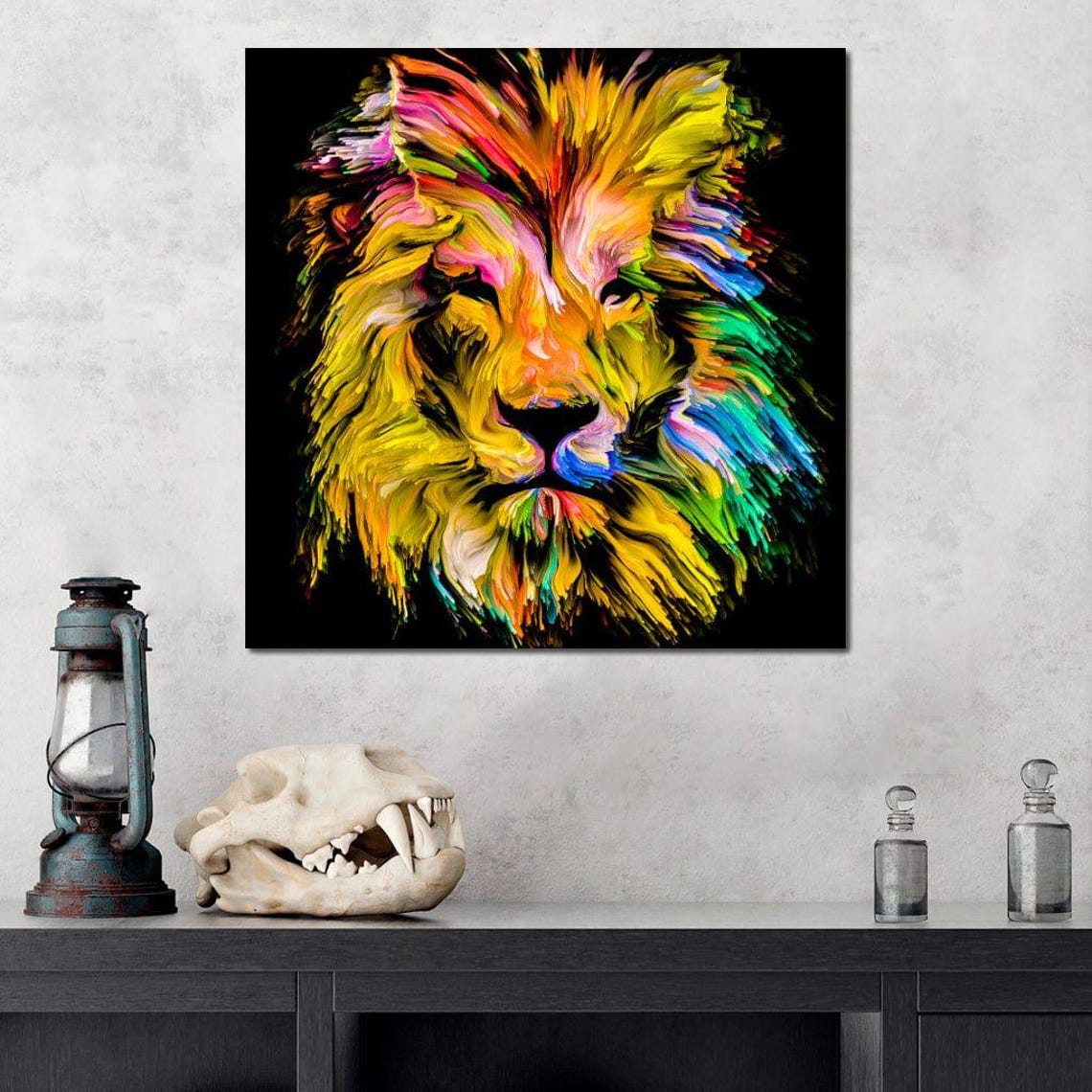 Colorful Abstract Lion Head Vibrant Yellow Mane Black Art Print - Image 4