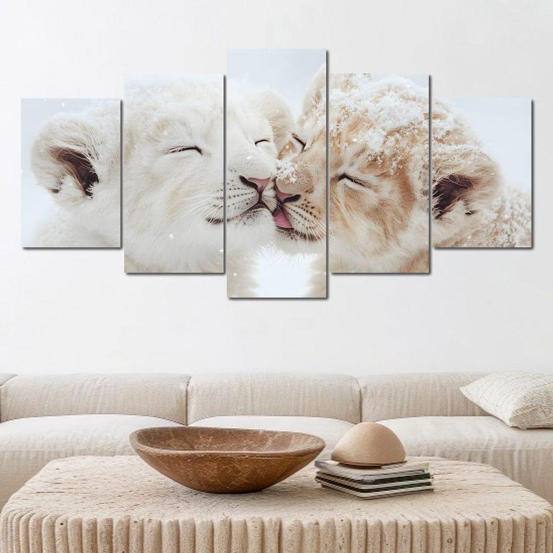 Two Lion Cubs Nuzzling In Falling Snow Wildlife Photo Poster - Image 4