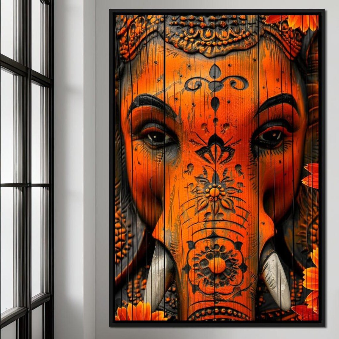 Orange Ganesha Face Intricate Carved Style Hindu Spiritual Decor Art Poster