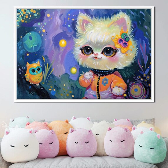 Cute White Kitten With Owl Under Starry Night Kids Room Art Poster