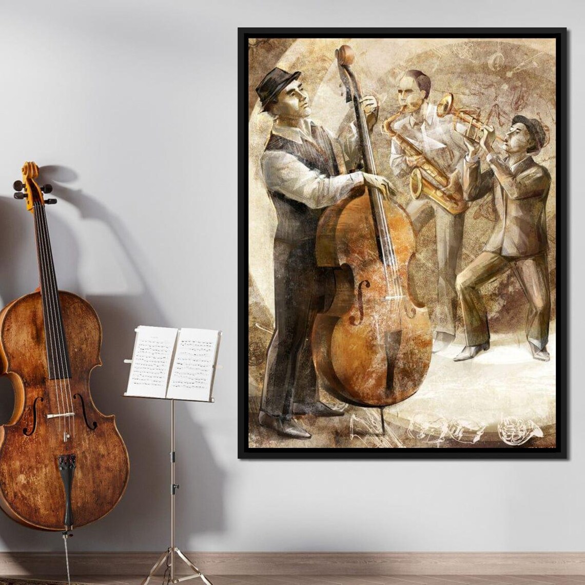 Vintage Jazz Band Musicians Brass Instruments Warm Brown Tones Art Poster