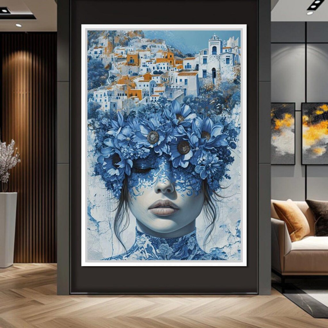 Blue Floral Woman Portrait White Mediterranean Village Art Print - Image 2