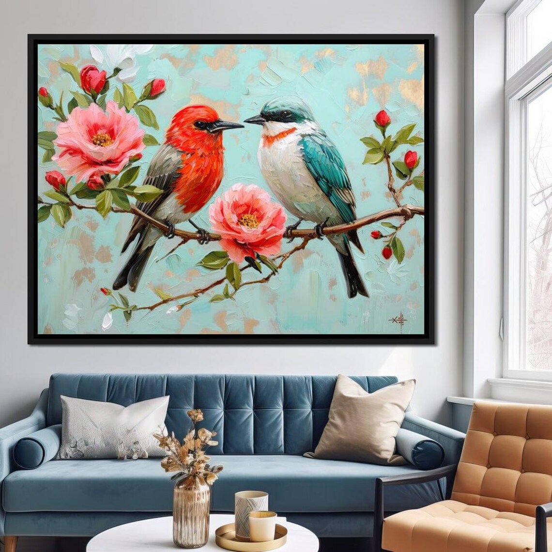 Two Colorful Songbirds Pink Blossom Branch Bird Floral Wall Art Print - Image 2