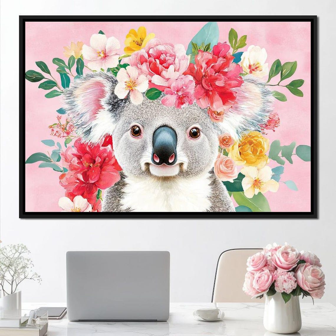 Cute Koala Floral Crown Pink Background Framed Australian Wall Art