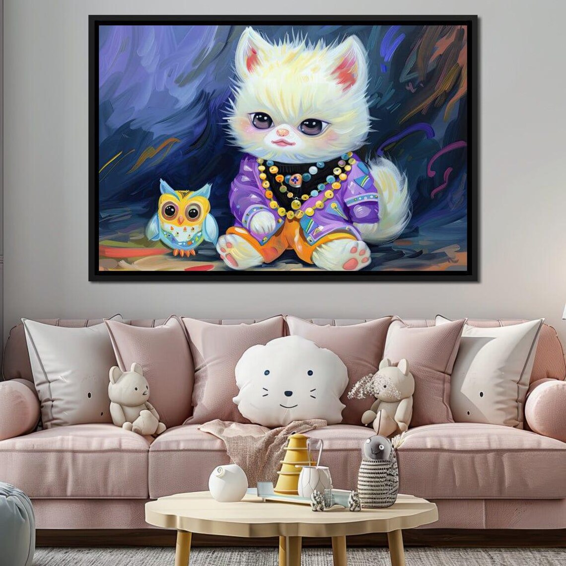 Fluffy Kitten Purple Pajamas Baby Owl Whimsical Night Kids Art Print - Image 3