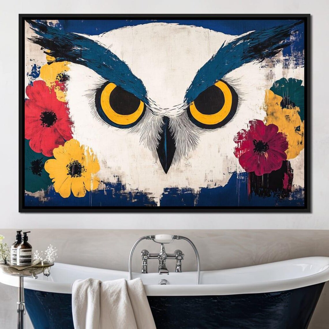 Intense White Owl Face With Big Yellow Eyes Floral Art Poster