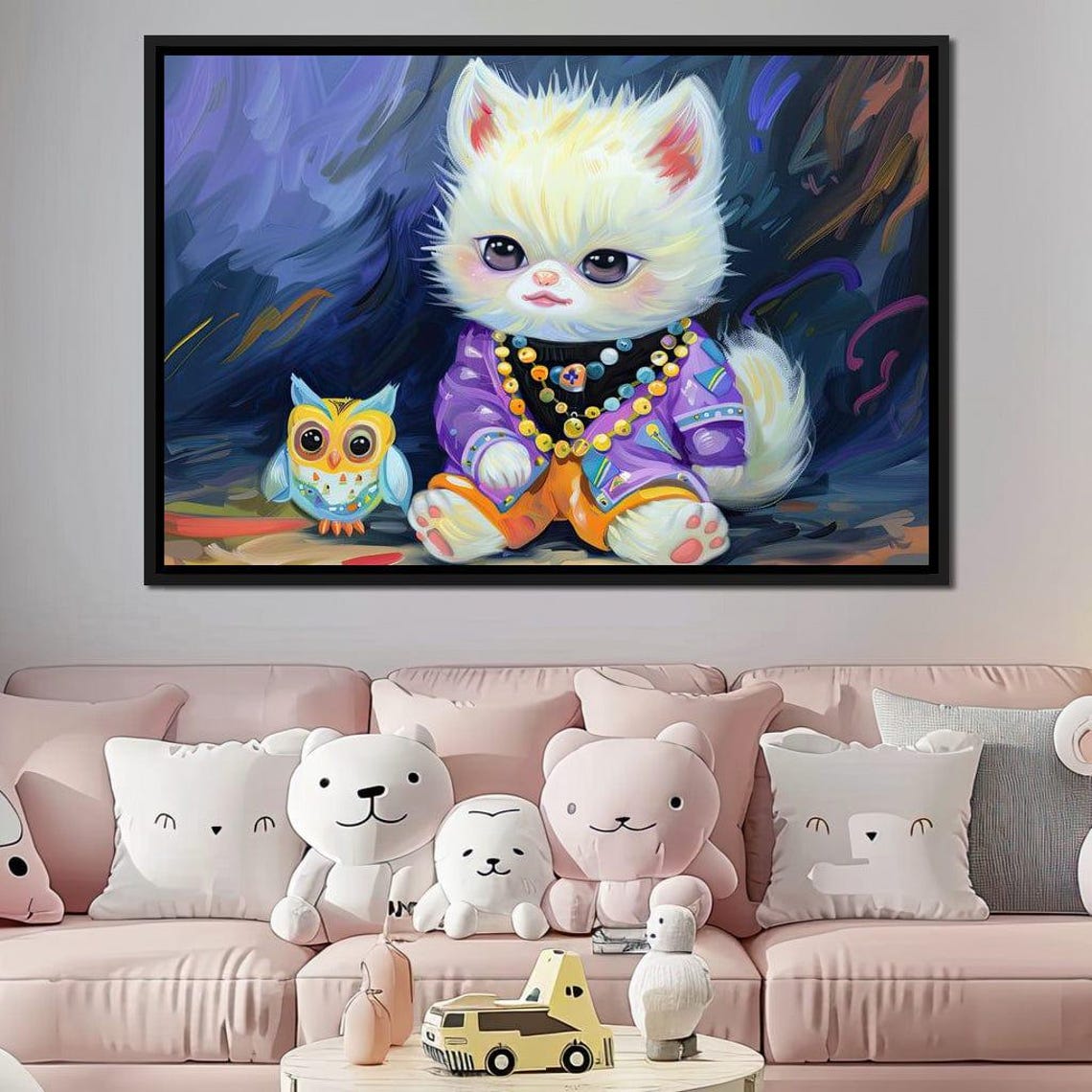 Fluffy Kitten Purple Pajamas Baby Owl Whimsical Night Kids Art Print - Image 2